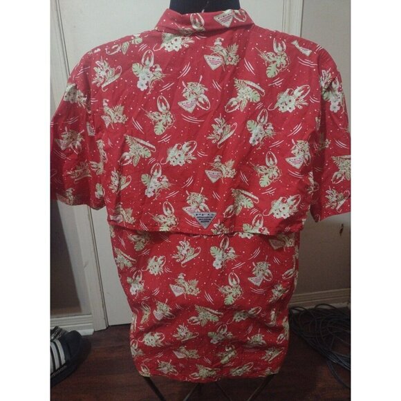 COLUMBIA PFG Red Christmas Light Print Short Sleeve Button Down Shirt Large L - Picture 7 of 12